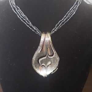 Black beaded necklace glass pendant